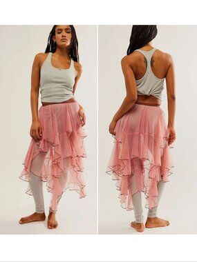 FP ONE Free People Net Godet Half Slip Midi SKIRT M Pink Sheer Tulle Ruffled NEW